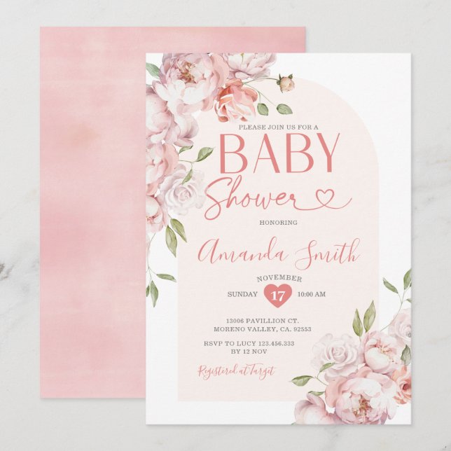 Elegant Rosa Flowers Girl Baby Shower Greenery Inbjudningar (Fram/baksida)
