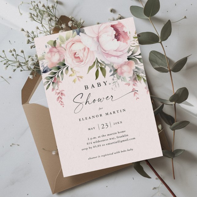 Elegant Rosa Flowers Greenery Garden Baby Shower Inbjudningar (Elegant Pink Flowers Greenery Garden Baby Shower Invitation)