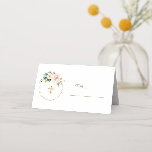 Elegant Rosa Flowers Guld Baptism Bordsnummer Placeringskort (Framsida)
