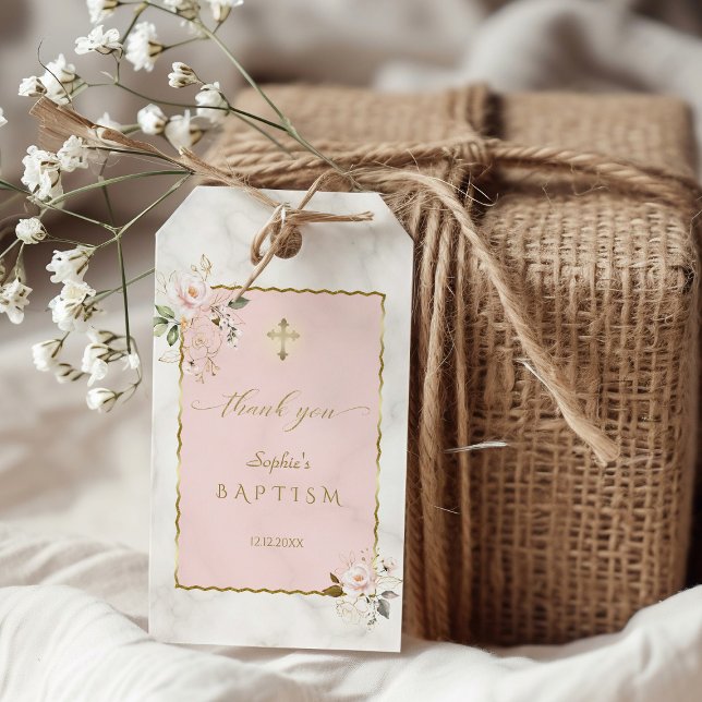 Elegant Rosa Flowers Guld Baptism Presentetikett (Skapare uppladdad)