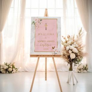 Elegant Rosa Flowers Guld Baptism Välkomsttecken Poster