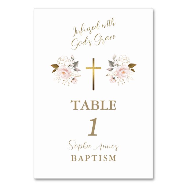 Elegant Rosa Flowers Guld Kor Girl Girl Baptism Bordsnummer (Framsidan)