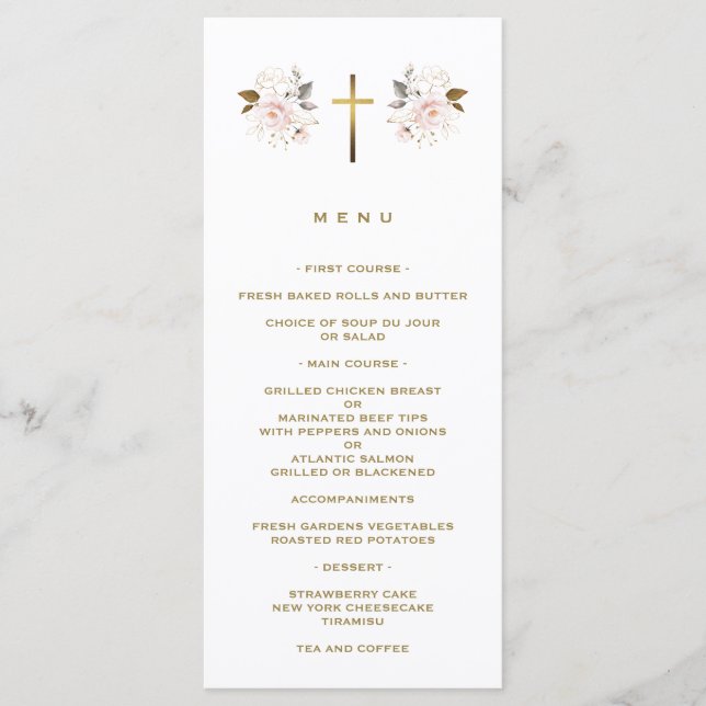 Elegant Rosa Flowers Guld Kor Girl Girl Baptism Meny (Framsida)