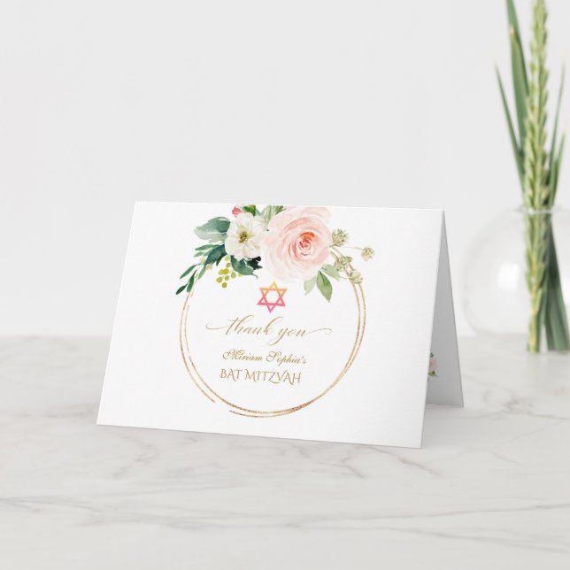 Elegant Rosa  Flowers Guld Photo Bat mitzvah Tack Kort (Framsida)