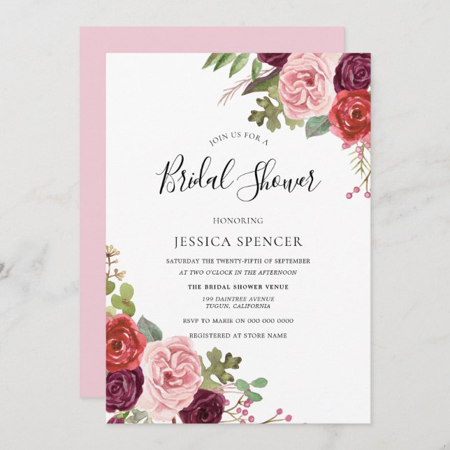 Elegant Rosa Flowers Möhippa Inbjudan (Fram/baksida)