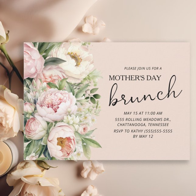 Elegant Rosa Flowers Mors dag Brunch Inbjudningar (Pink peonies Mother's Day Brunch invitation)