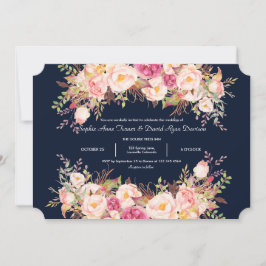 Elegant Rosa  Flowers Navy Blue Bröllop Inbjudningar
