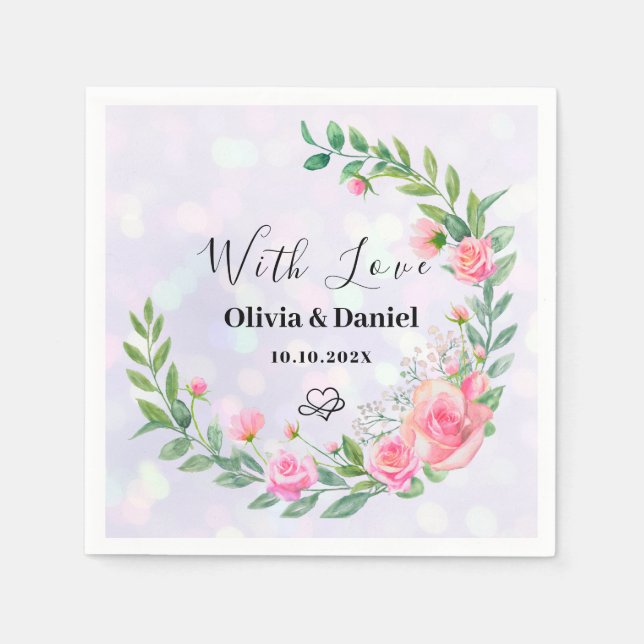 Elegant  Rosa Flowers Tack Bröllop Pappersservett (Framsidan)