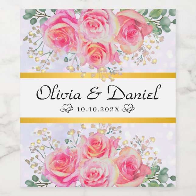 Elegant  Rosa Flowers Tack Bröllop Vinflaska Etikett (Singel etikett)