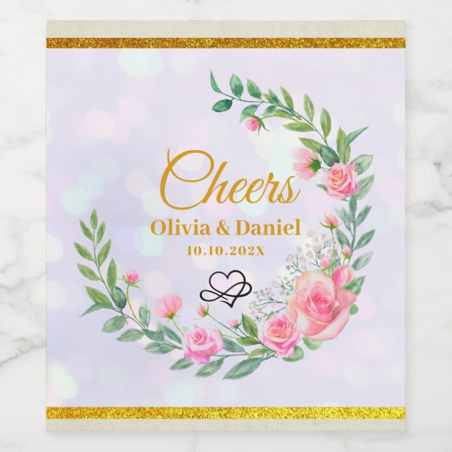 Elegant  Rosa Flowers Tack Bröllop Vinflaska Etikett (Singel etikett)