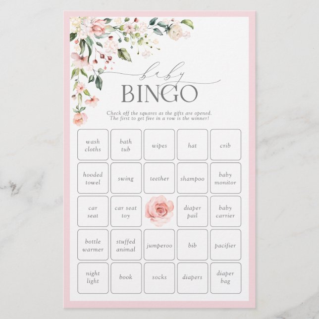 Elegant Rosa Flowers Vår Baby Shower Bingo Game (Framsida)