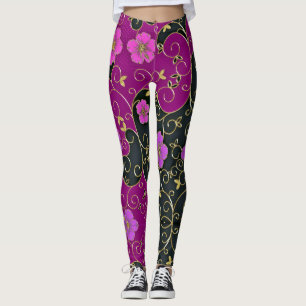 Elegant Rosa Flowers with Guld Löv and Swirls Leggings