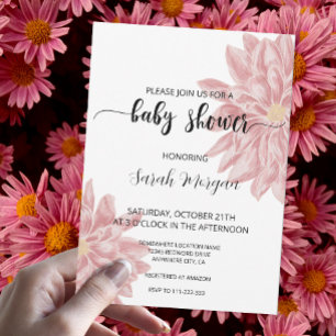 Elegant Rosa för vattenfärg Chrysanthemum Baby Sho Inbjudningar