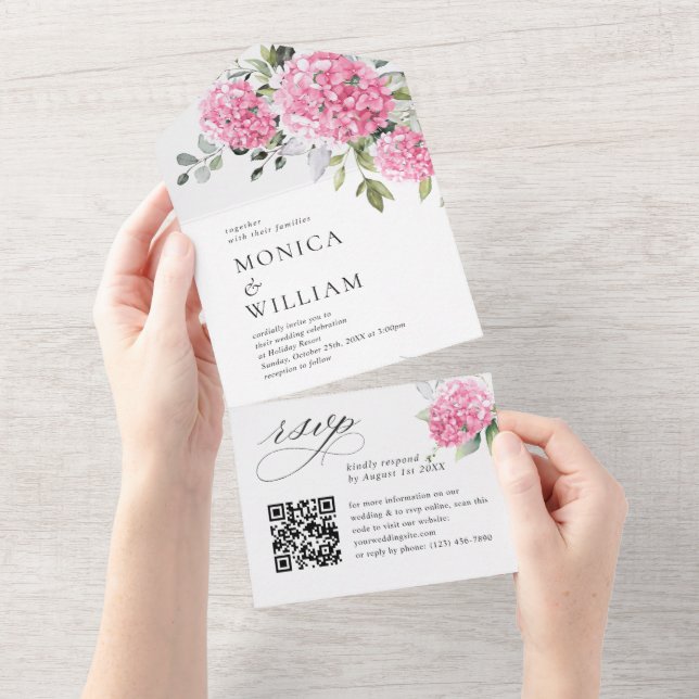 Elegant Rosa för vattenfärg Hydrangea Bröllop QR-k (Tearaway)