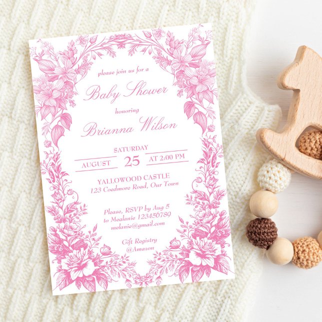 Elegant rosa Fransk toile botanical babydusch Inbjudningar (Elegant pink French toile botanical girl baby shower Invitation editable template instant download)