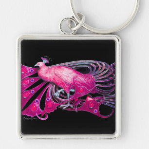 ELEGANT ROSA FUCHSIA PEACOCK IN BLACK FYRKANTIG SILVERFÄRGAD NYCKELRING
