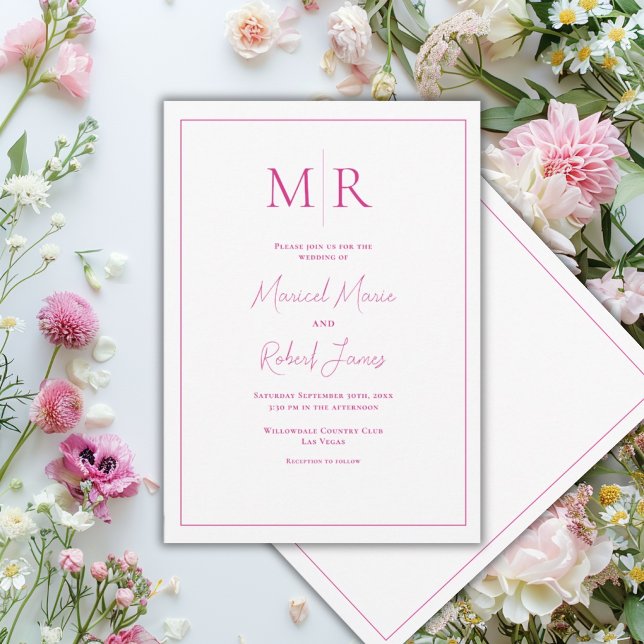 Elegant Rosa Fuksia Monogram Modern Bröllop Inbjudningar (Skapare uppladdad)
