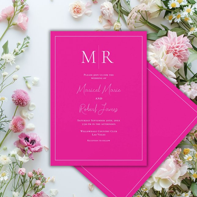 Elegant Rosa Fuksia Monogram Modern Bröllop Inbjudningar (Skapare uppladdad)