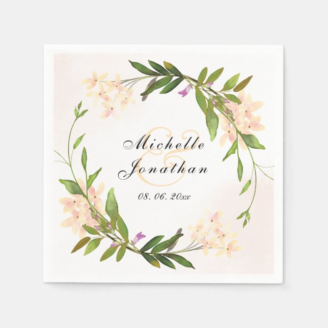 Elegant Rosa Garden Flowers Greenery Bröllop Pappersservett (Framsidan)