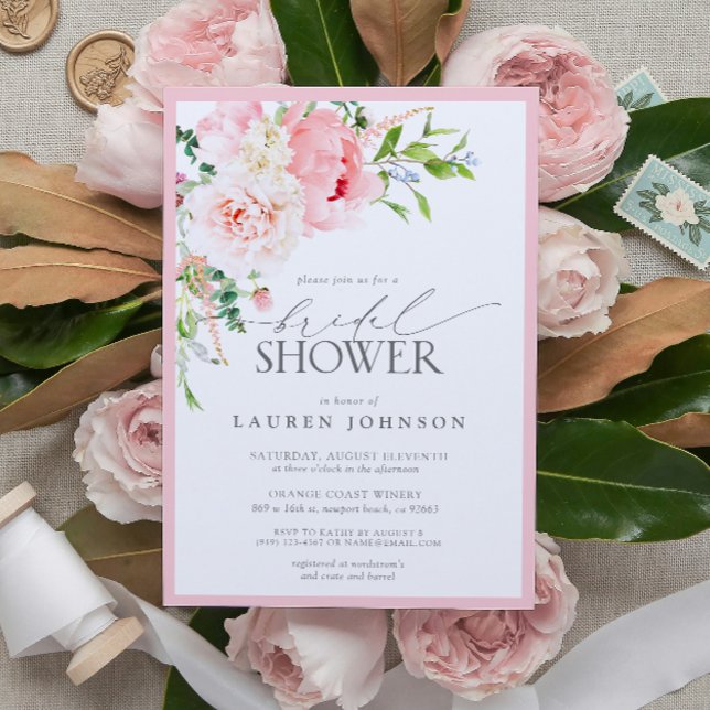 Elegant Rosa Garden Flowers Möhippa Inbjudningar (Elegant Pink Garden Flowers Bridal Shower Invitation!)