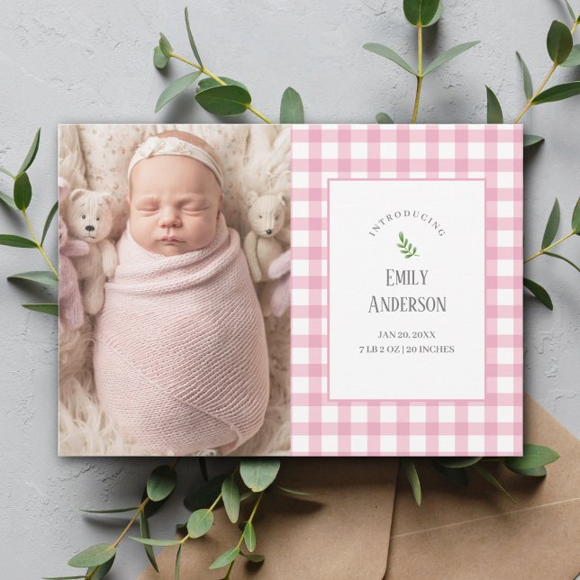 Elegant Rosa Gingham Flicka 2 Photo Birth Meddelande (Skapare uppladdad)