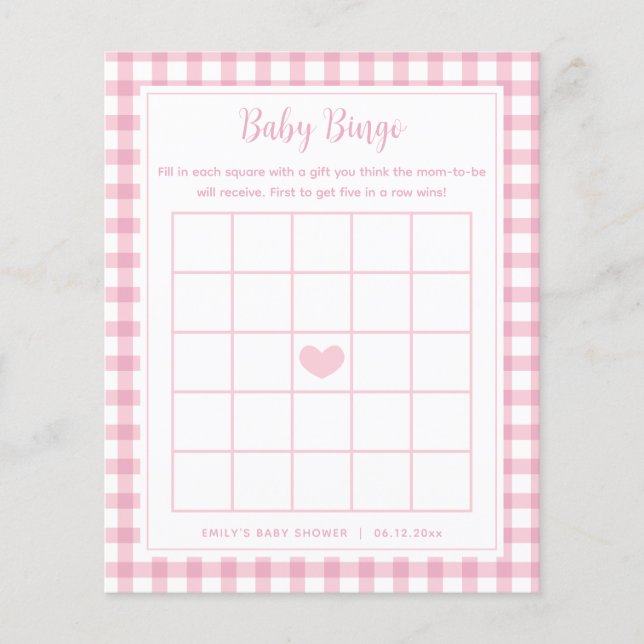 Elegant Rosa Gingham Girl Baby Shower Bingo Game (Framsida)