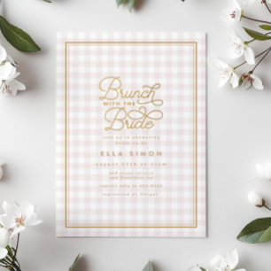 Elegant Rosa Gingham Guld Möhippa Brunch Inbjudningar