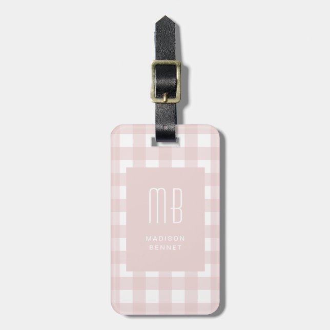 Elegant rosa gingham-monogram bagagebricka (Vertikal Framsida)