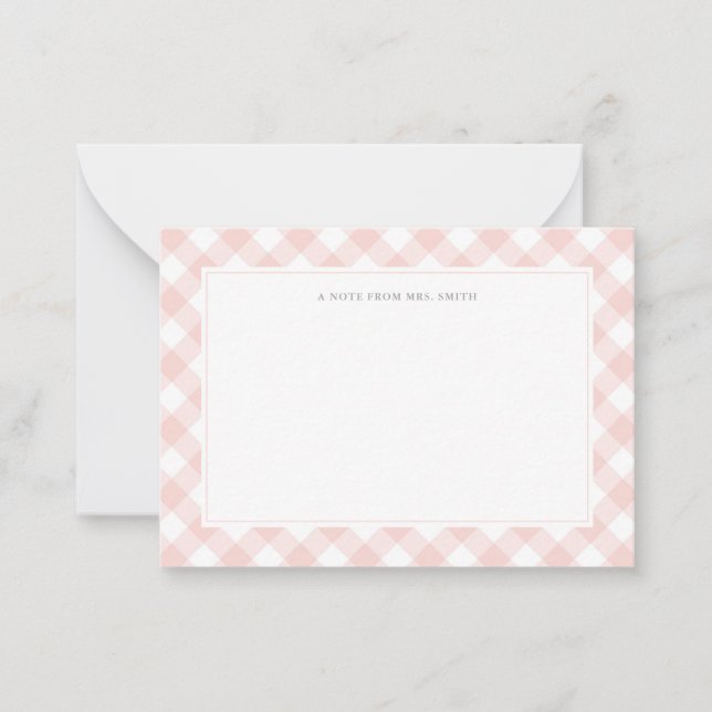 Elegant Rosa Gingham Play Teacher Note Card Anteckningskort (Framsida)