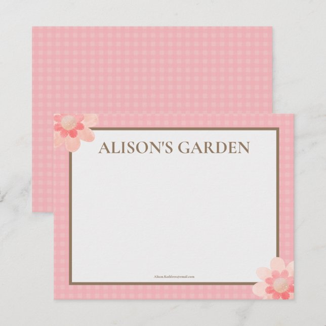 Elegant Rosa Gingham Watercolor Garden Anteckningskort (Fram/baksida)