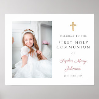 Elegant Rosa Girl Girl Photo First Communion Välko Poster