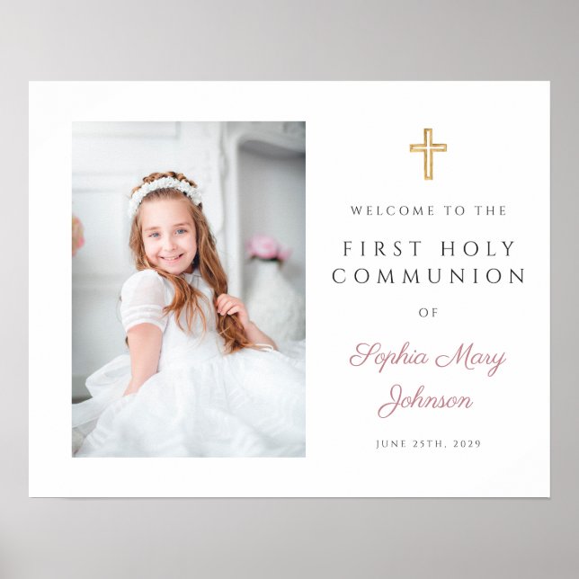 Elegant Rosa Girl Girl Photo First Communion Välko Poster (Framsidan)