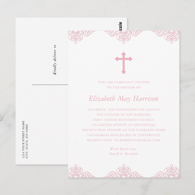 Elegant Rosa Girls Baptism eller inbjudan till kom (Fram/baksida)
