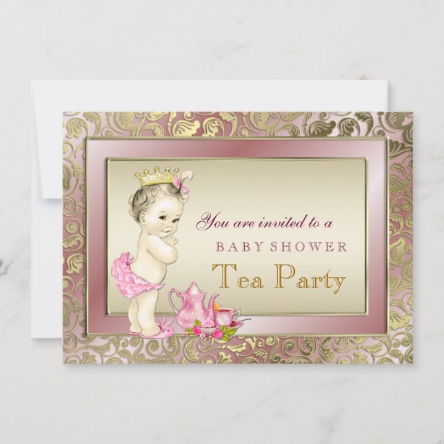 Elegant  Rosa Girls Tea Party Baby Shower Inbjudningar (Framsida)