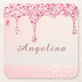 Elegant Rosa Glam Glitter Drip Underlägg Papper Kvadrat