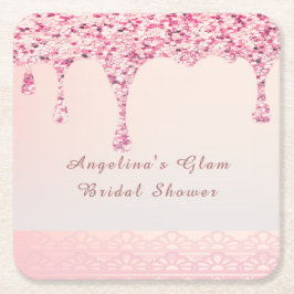 Elegant Rosa Glam Glitter Dropp Bröllopsfest Underlägg Papper Kvadrat