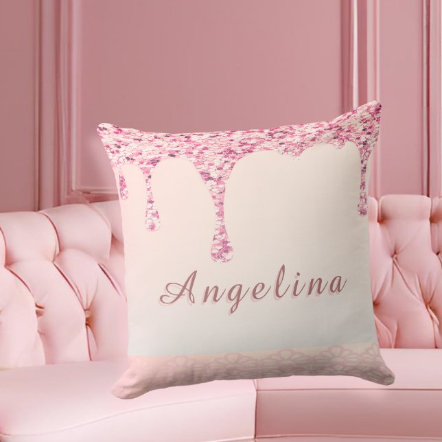 Elegant Rosa Glam Glitter Dropp  Kudde (Customize this glam pink pillow for bridesmaids—perfect for bridal shower gifts and lounge decor.)