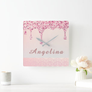 Elegant Rosa Glam Glitter Dropp Spets Bröllopsdusc Fyrkantig Klocka