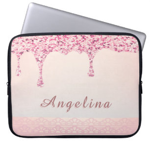 Elegant Rosa Glam Glitter Dropp Spets Bröllopsdusc Laptop Fodral