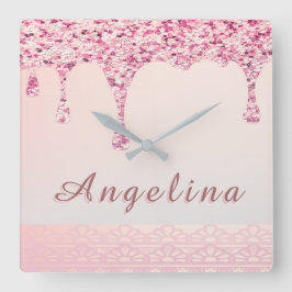 Elegant Rosa Glam Glitter Dropp Spets Bröllopsfest Fyrkantig Klocka