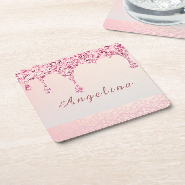Elegant Rosa Glam Gnistrande Droppffekt Underlägg Papper Kvadrat (Vinklad)