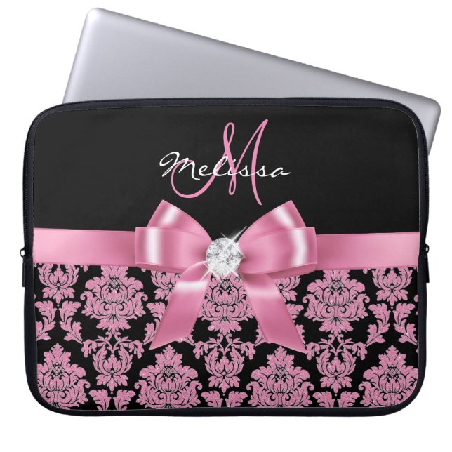 Elegant, Rosa glitter Black Damask, Bow, Monogram Laptop Sleeve (Framsidan)