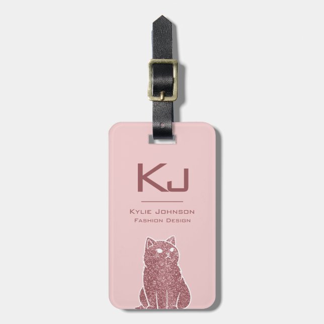 Elegant Rosa Glitter Cute Cat Monogrammed Namn Bagagebricka (Vertikal Framsida)