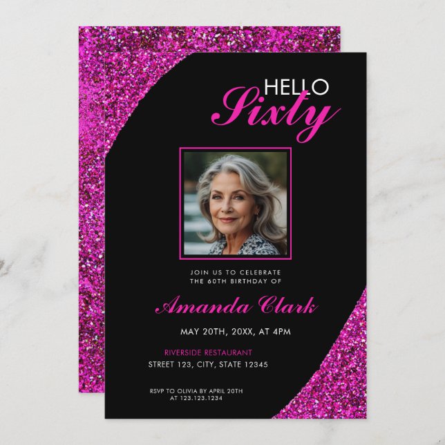 Elegant Rosa Glitter Foto 60:e födelsedagen Inbjudningar (Fram/baksida)