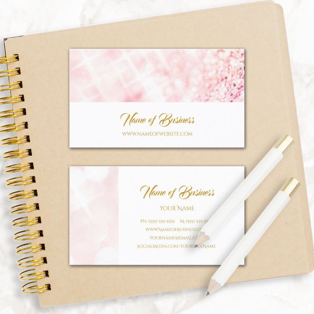 Elegant Rosa Glitter Gnistra Bokeh Guld skript Visitkort (Elegant Pink Glitter Sparkle Bokeh Gold Script Business Cards)