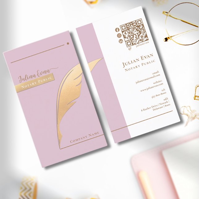 Elegant Rosa Glitter Guld Quill Notary Public QR Visitkort (Skapare uppladdad)
