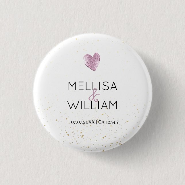 Elegant Rosa Glitter Heart Anpassningsbar par Namn Knapp (Framsida)