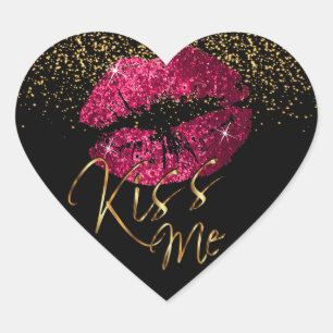 Elegant Rosa Glitter Kiss Me Läppar Hjärtformat Klistermärke