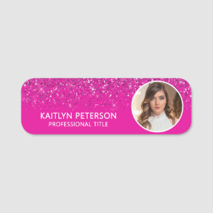 Elegant rosa glitter magnetisk personalfoto namnbricka