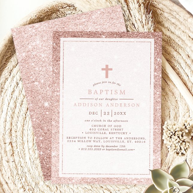 Elegant Rosa Glitter med Kor-baptism Inbjudningar (Skapare uppladdad)